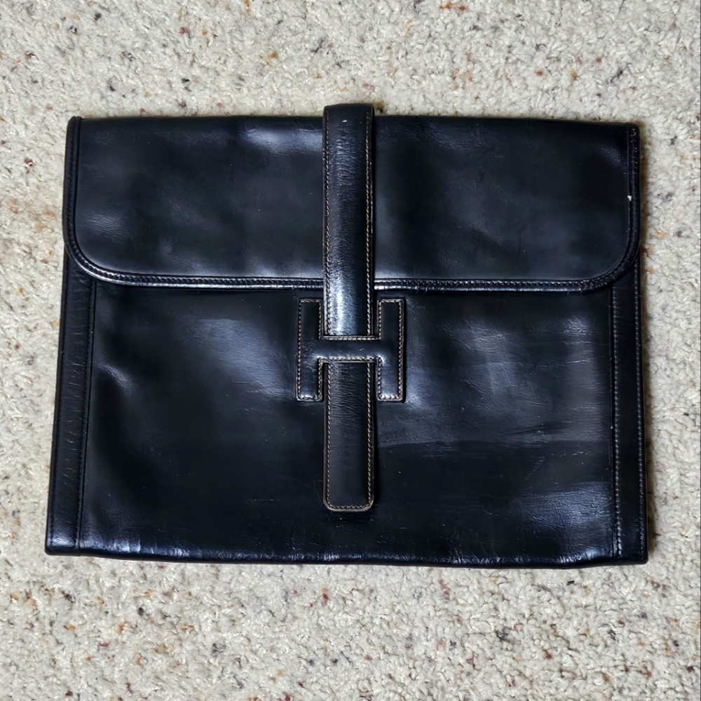 HERMES Paris H Jige Black Leather Clutch Bag GM